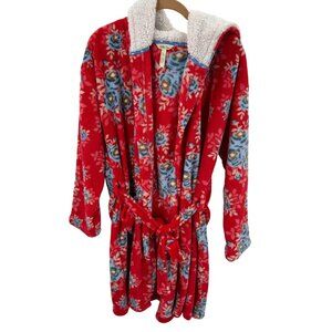 Matilda Jane Womens Plush Floral Robe With Hood & Belt Red/Blue Size S